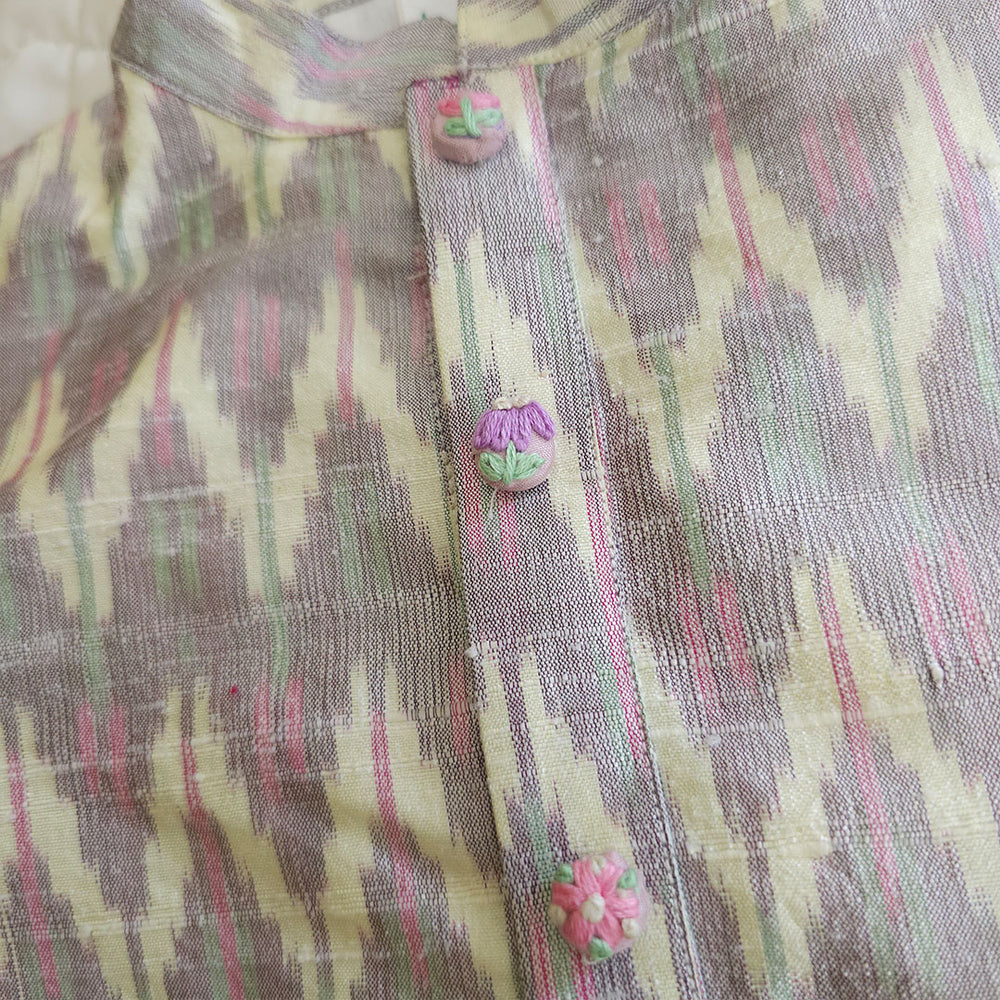 Boys Handloom Raw Silk Pastel Ikat Kurta and Pink Pajama Pants Set