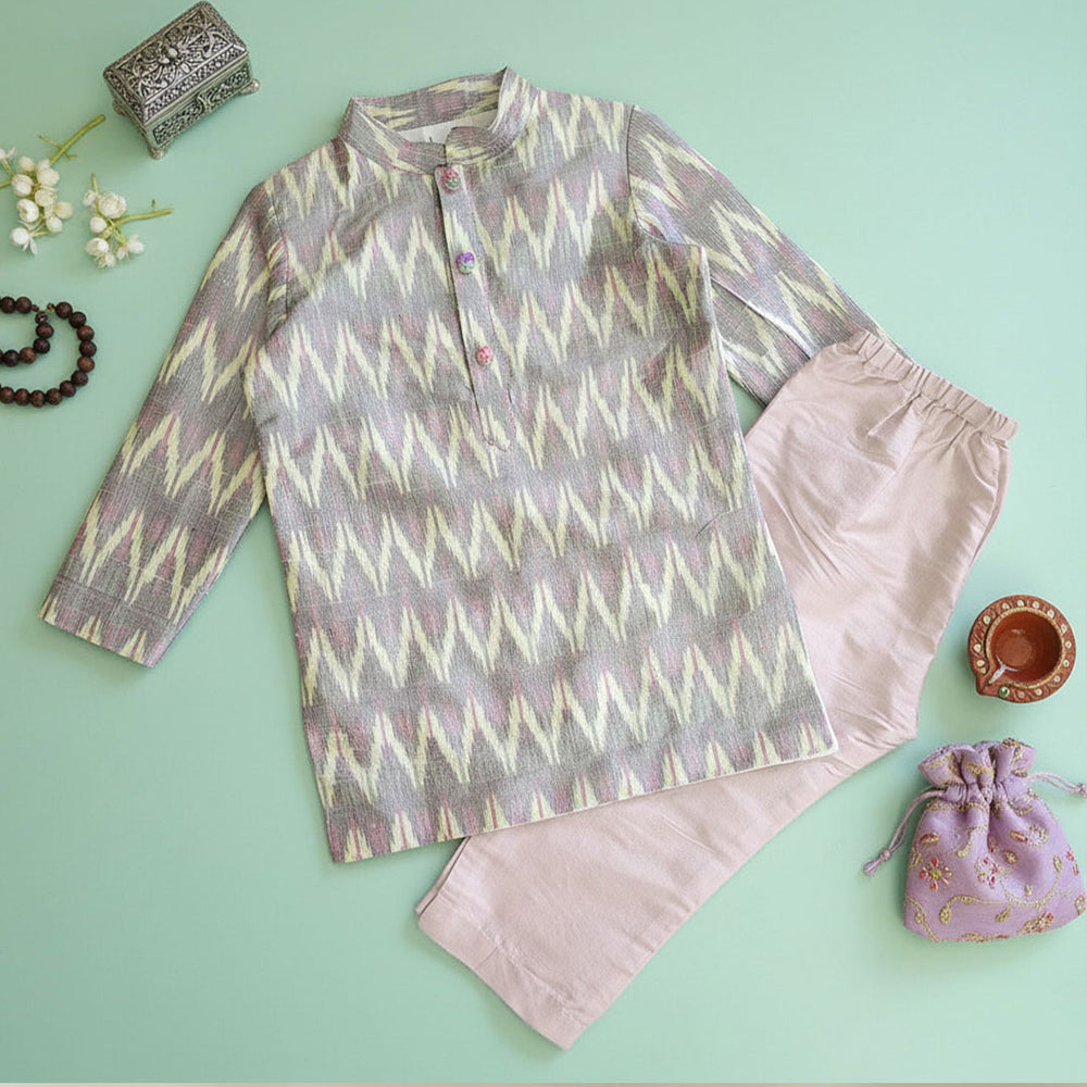 Boys Handloom Raw Silk Pastel Ikat Kurta and Pink Pajama Pants Set