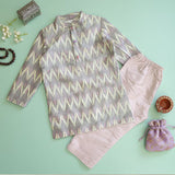 Boys Handloom Raw Silk Pastel Ikat Kurta and Pink Pajama Pants Set