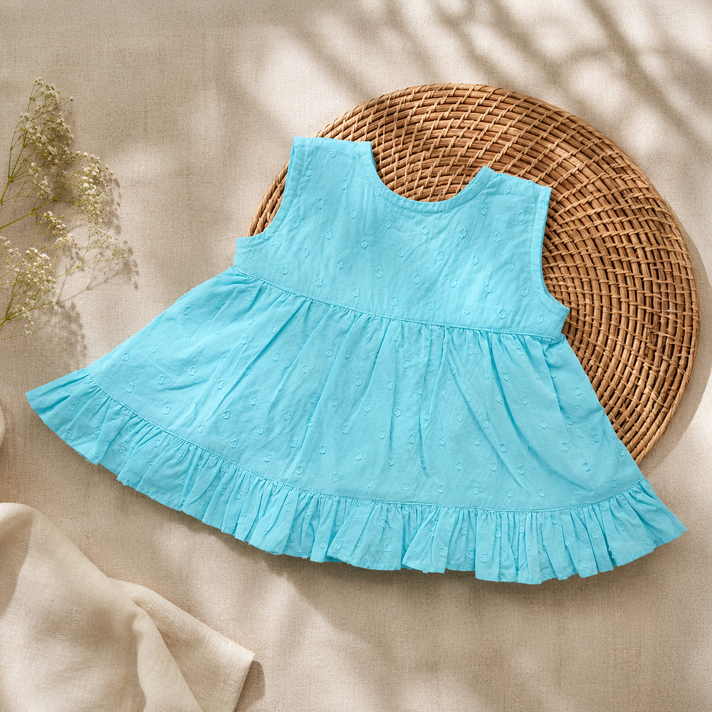 Newborn Baby Girl Embroidered Turquoise Blue Wrap Dress - White Flowers
