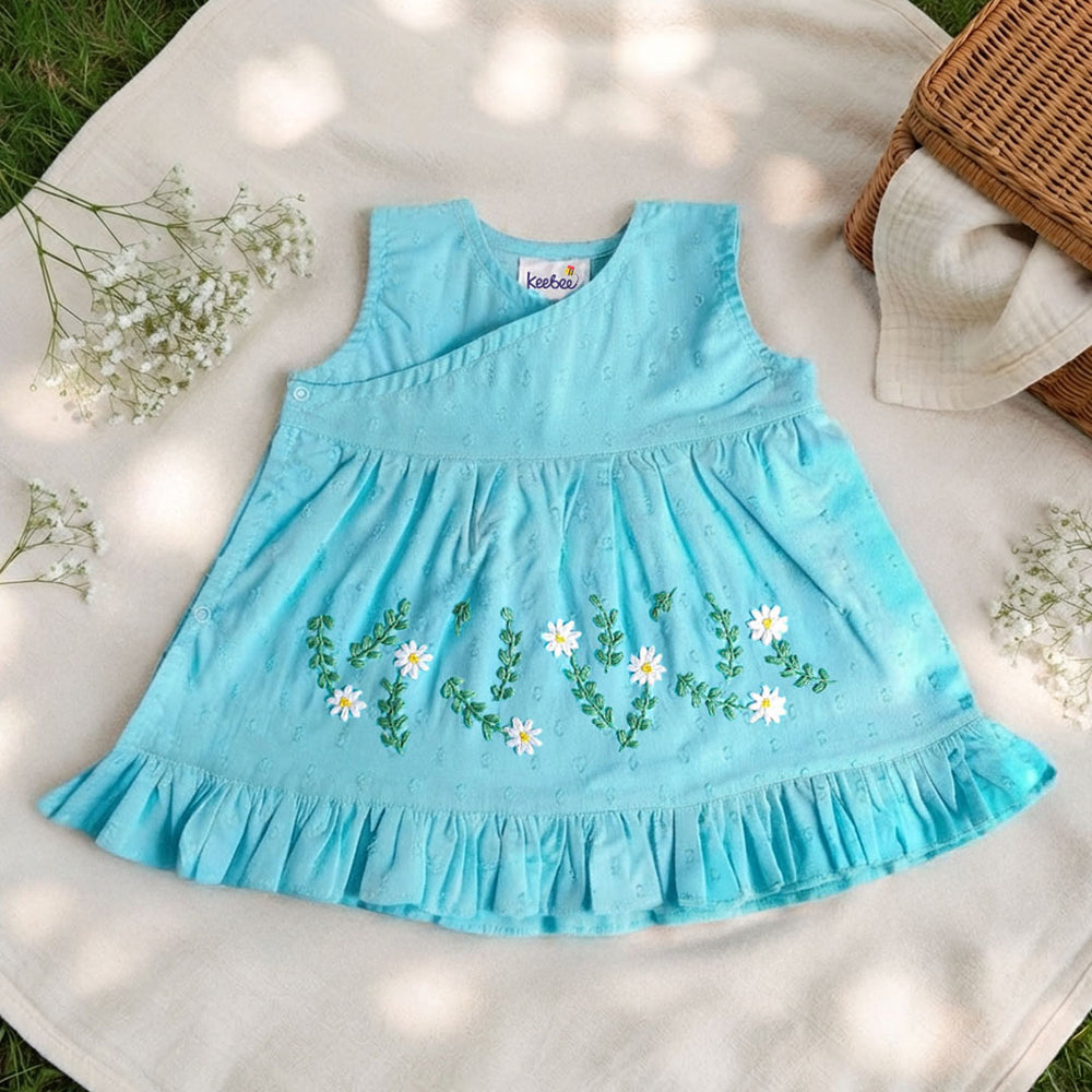 Baby Girl Embroidered Turquoise Blue Wrap Dress - White Flowers