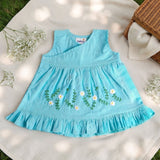 Baby Girl Embroidered Turquoise Blue Wrap Dress - White Flowers