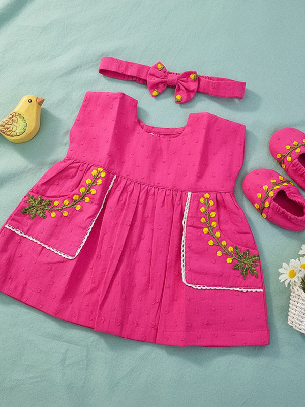 Embroidered Hot Pink Pocket Dress and Accessory Set - Yellow Flowers