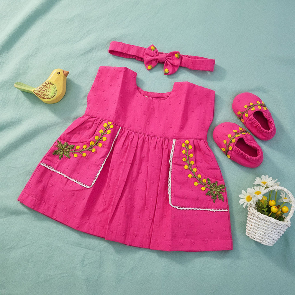 Embroidered Hot Pink Pocket Dress and Accessory Set - Yellow Flowers
