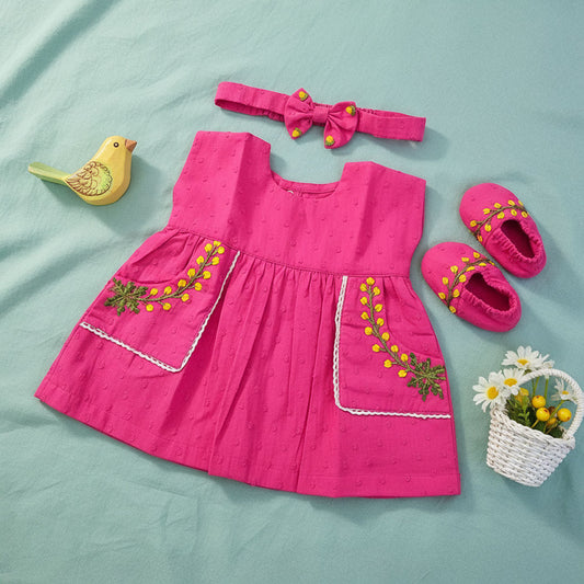 Keebee Organic Cotton Baby Girl Embroidered Hot Pink Pocket Dress and Accessory Set - Yellow Flowers
