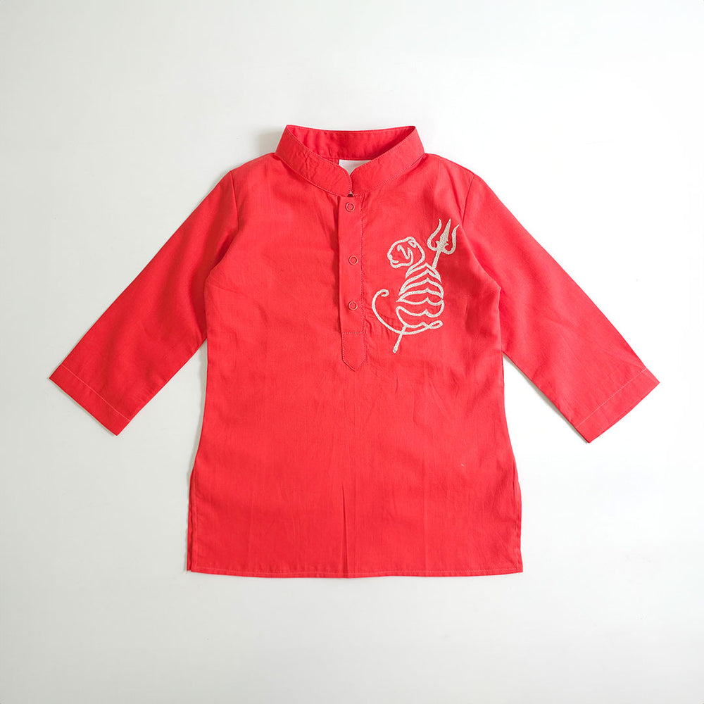 Baby Boy Embroidered Red Kurta paired with Pajama Pants - Tiger