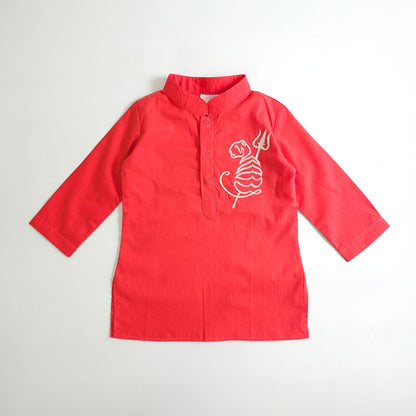 Embroidered Red Kurta paired with Pajama Pants - Tiger