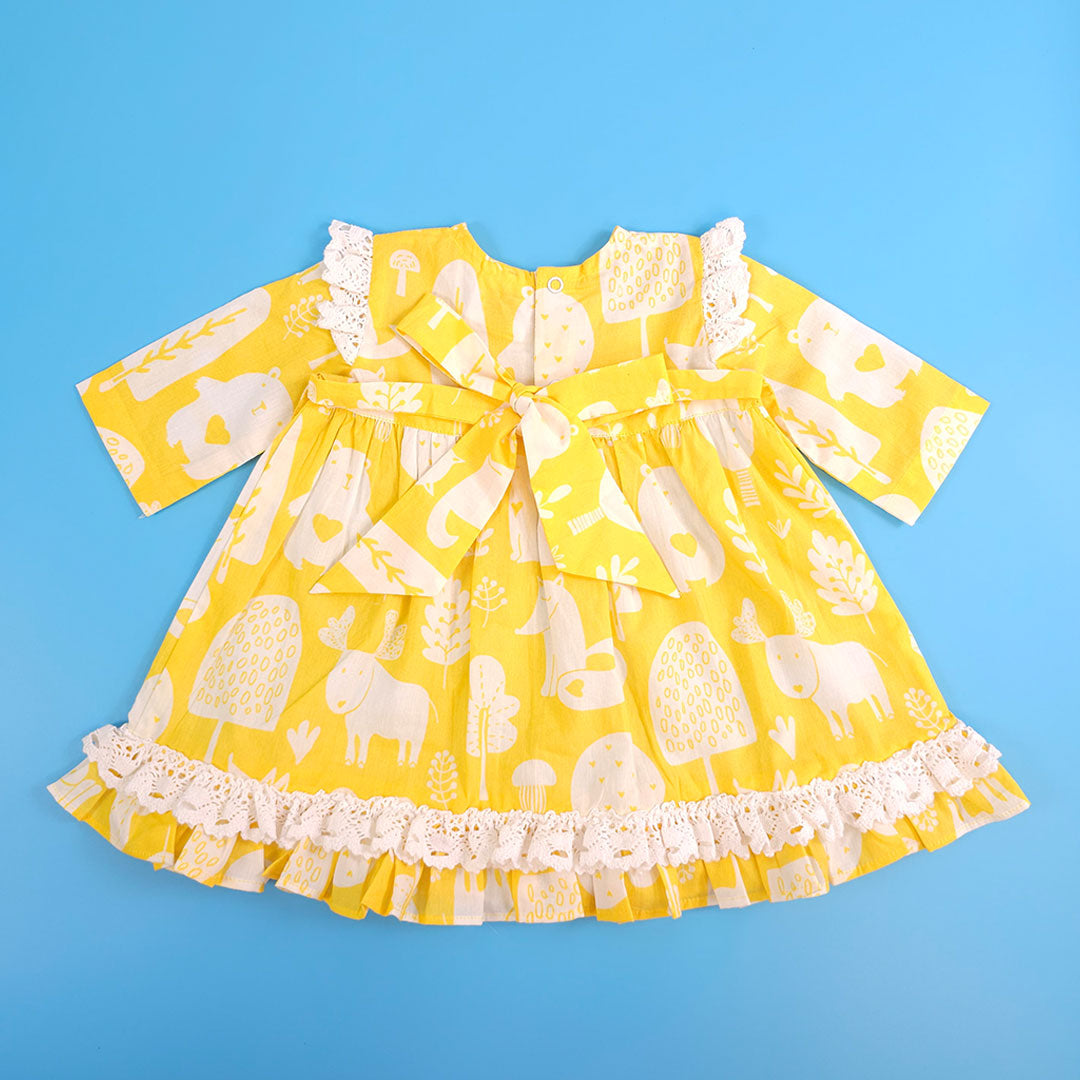 Keebee Organic Cotton Printed Girls Peony Dress with Puff Sleeves - Enchanted Forest