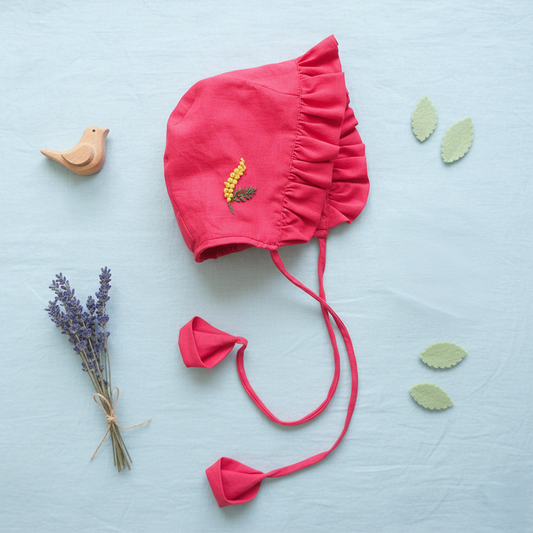 Keebee Organic Cotton Red Embroidered Baby Bonnet - Yellow Flowers