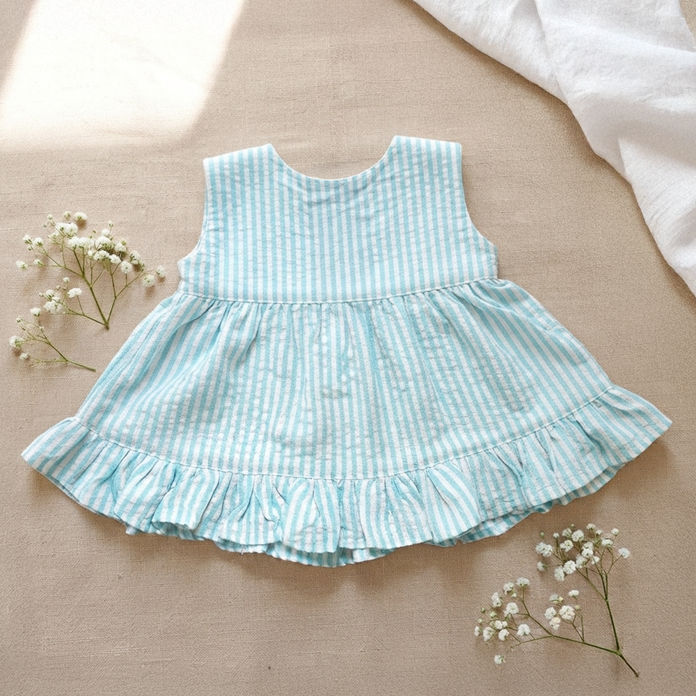 Newborn Baby Girl Embroidered Light Blue and White Wrap Dress - Pink Flowers