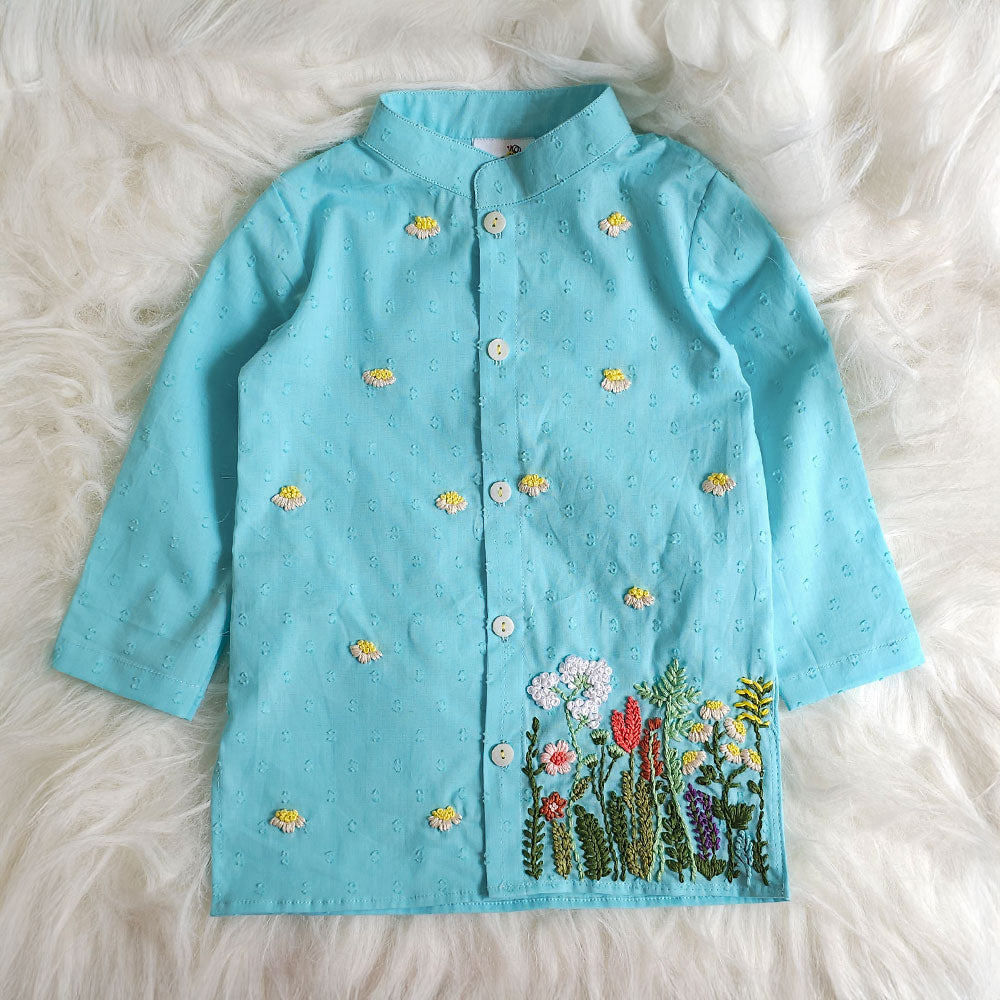 Boys Hand Embroidered Turquoise Blue Kurta paired with Patiala Pants - Flower Garden