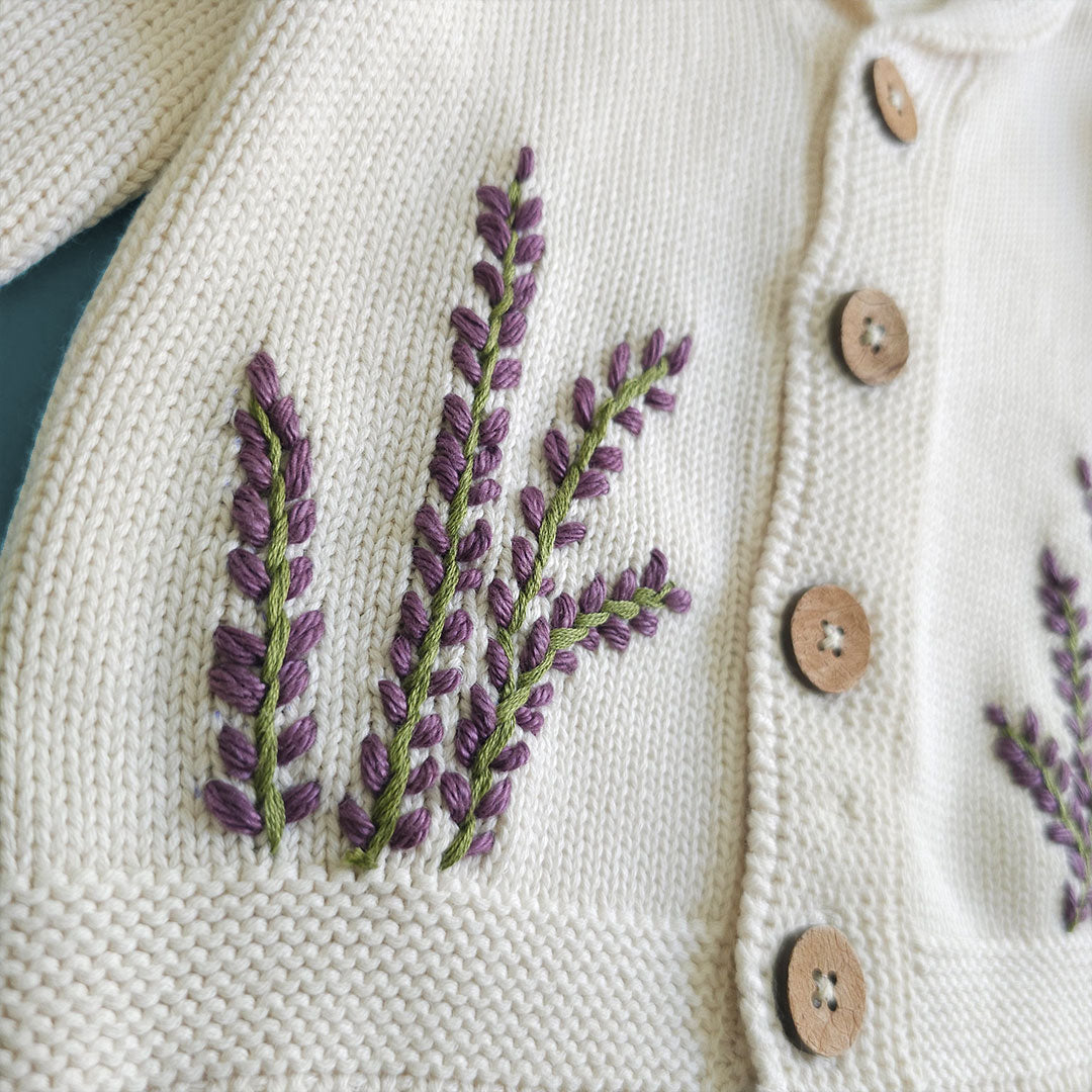 Keebee Organic Cotton Hand Embroidered White Cardigan - Winter Lavender