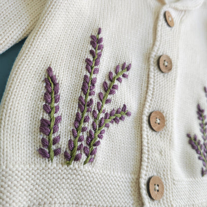 Hand Embroidered White Cardigan - Winter Lavender