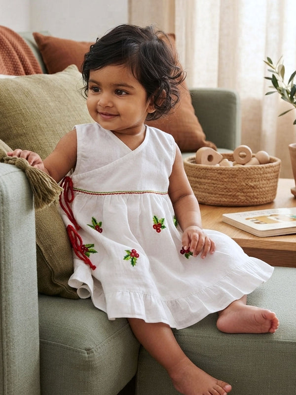 Embroidered White Wrap Dress - Merry Holly