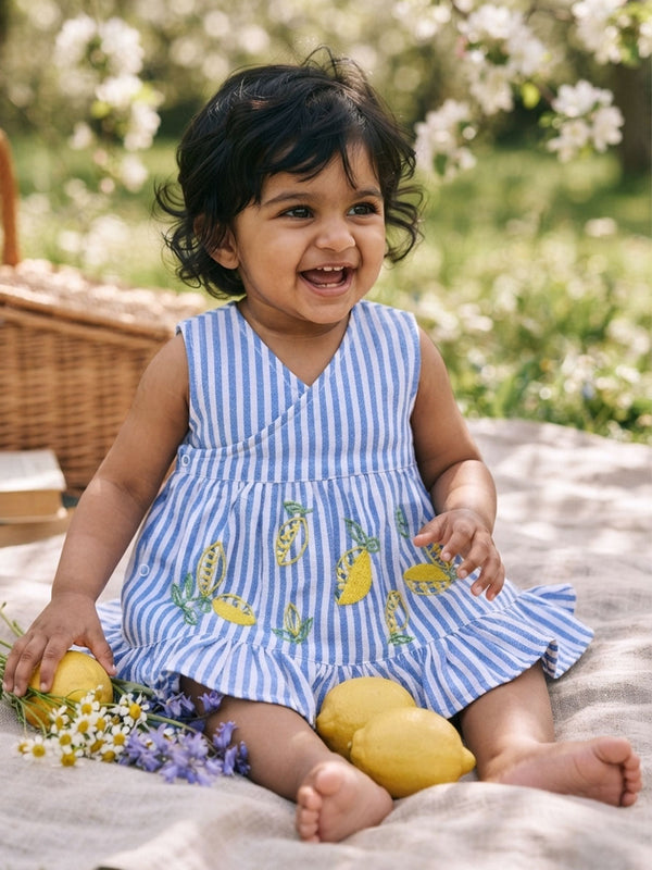 Baby Girl Embroidered Blue and White Wrap Dress - Lemons and Leaves