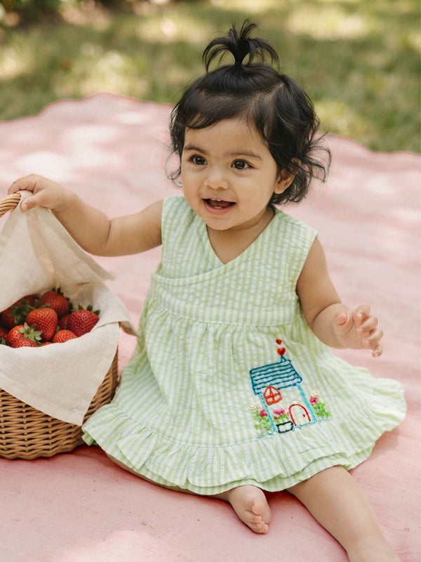 Baby Girl Embroidered Lime Green and White Wrap Dress - Home Sweet Home