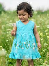 Baby Girl Embroidered Turquoise Blue Wrap Dress - White Flowers