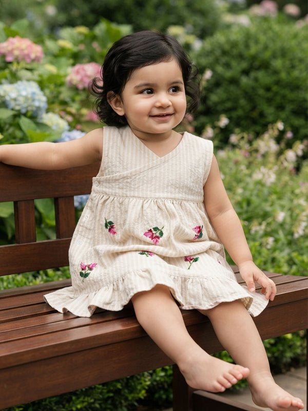 Baby Girl Embroidered Beige and White Wrap Dress - Pink Bloom