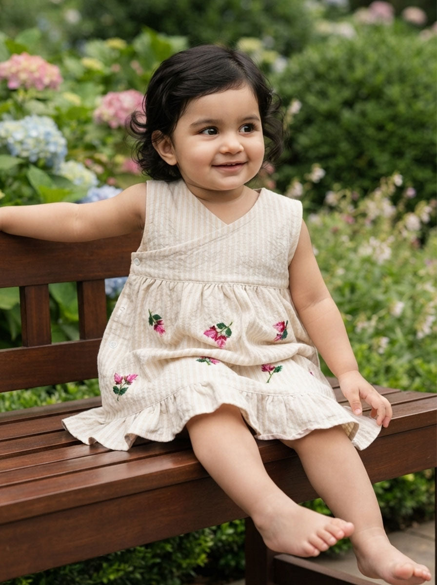 Baby Girl Embroidered Beige and White Wrap Dress - Pink Bloom
