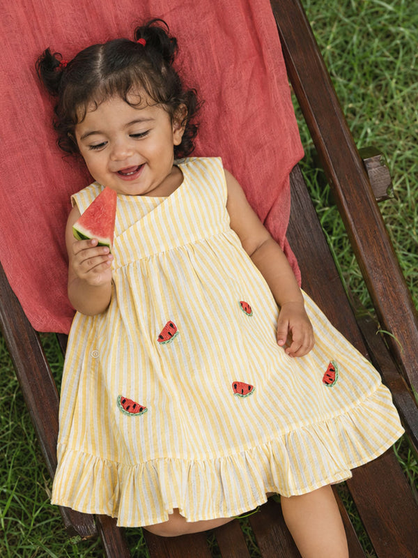Baby Girl Embroidered Yellow and White Wrap Dress - Sweet Watermelons