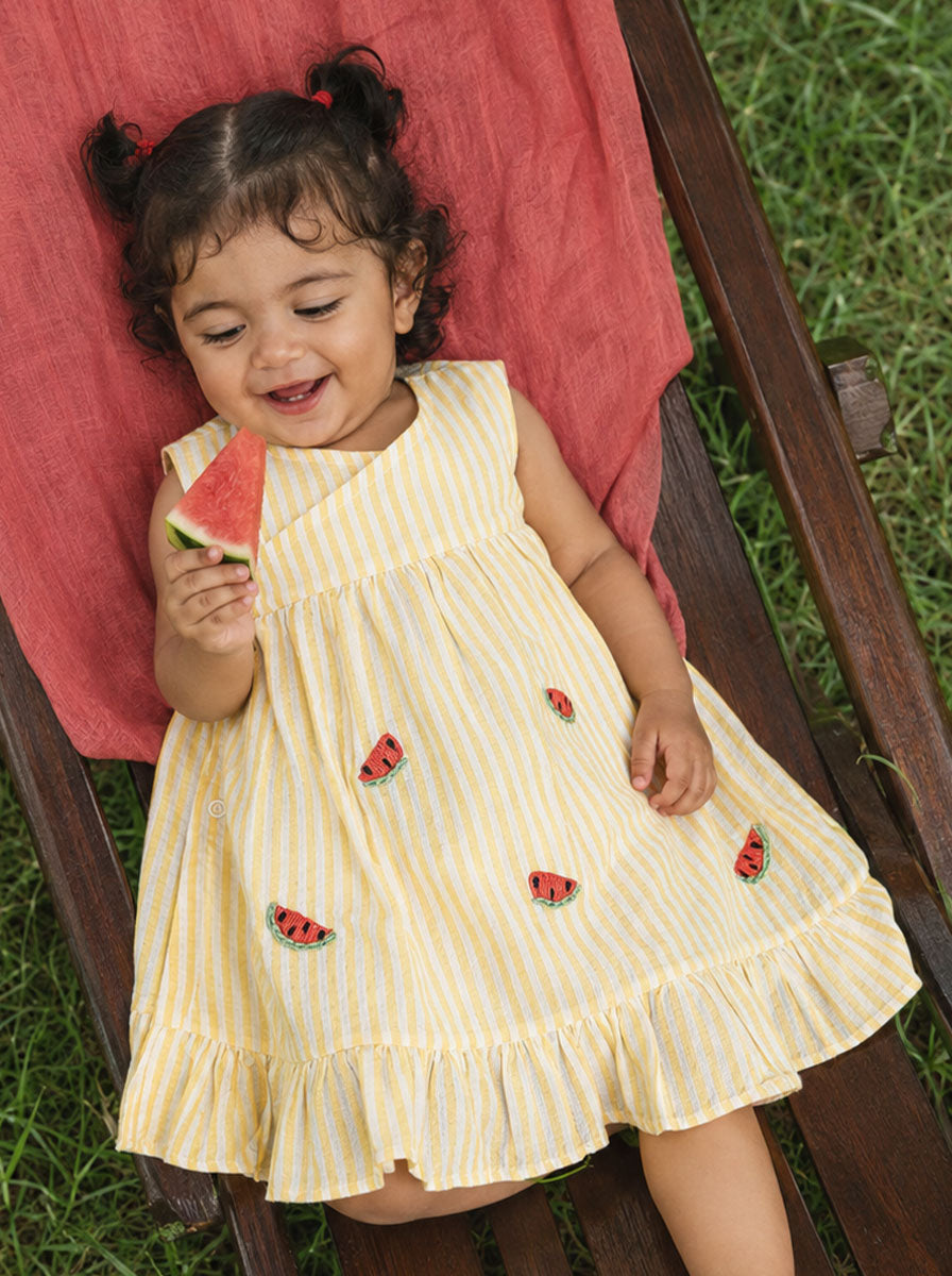 Baby Girl Embroidered Yellow and White Wrap Dress - Sweet Watermelons