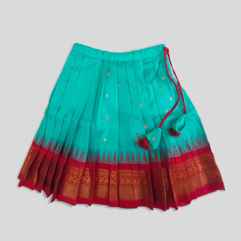 Girls Handloom Raw Silk Embroidered Red and Aqua Green Choli Lehenga Set - Golden Carriage