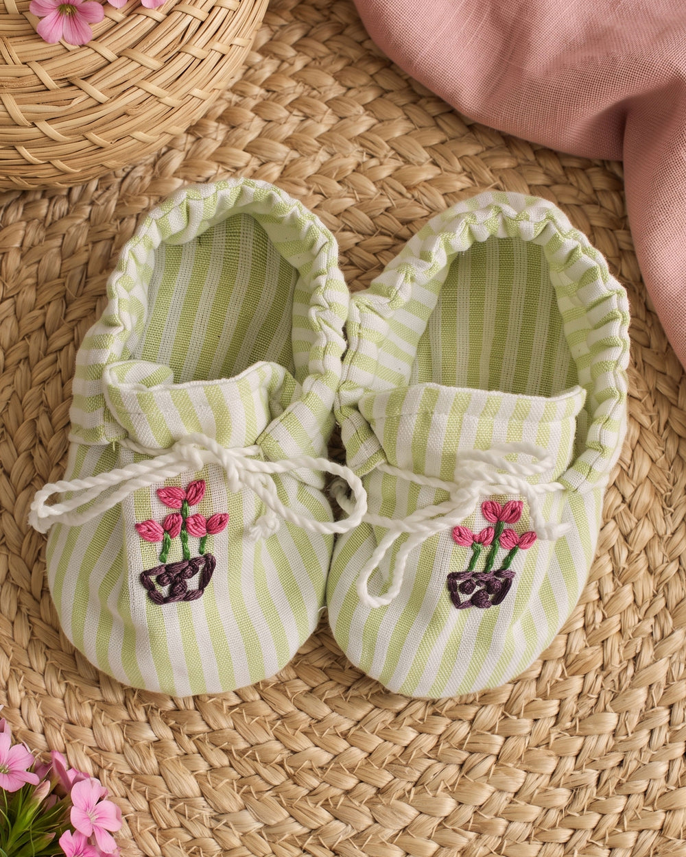 Baby Girl Embroidered Green and White Tie-Up Style Baby Booties – Pink Flower Pot