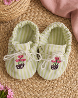 Baby Girl Embroidered Green and White Tie-Up Style Baby Booties – Pink Flower Pot