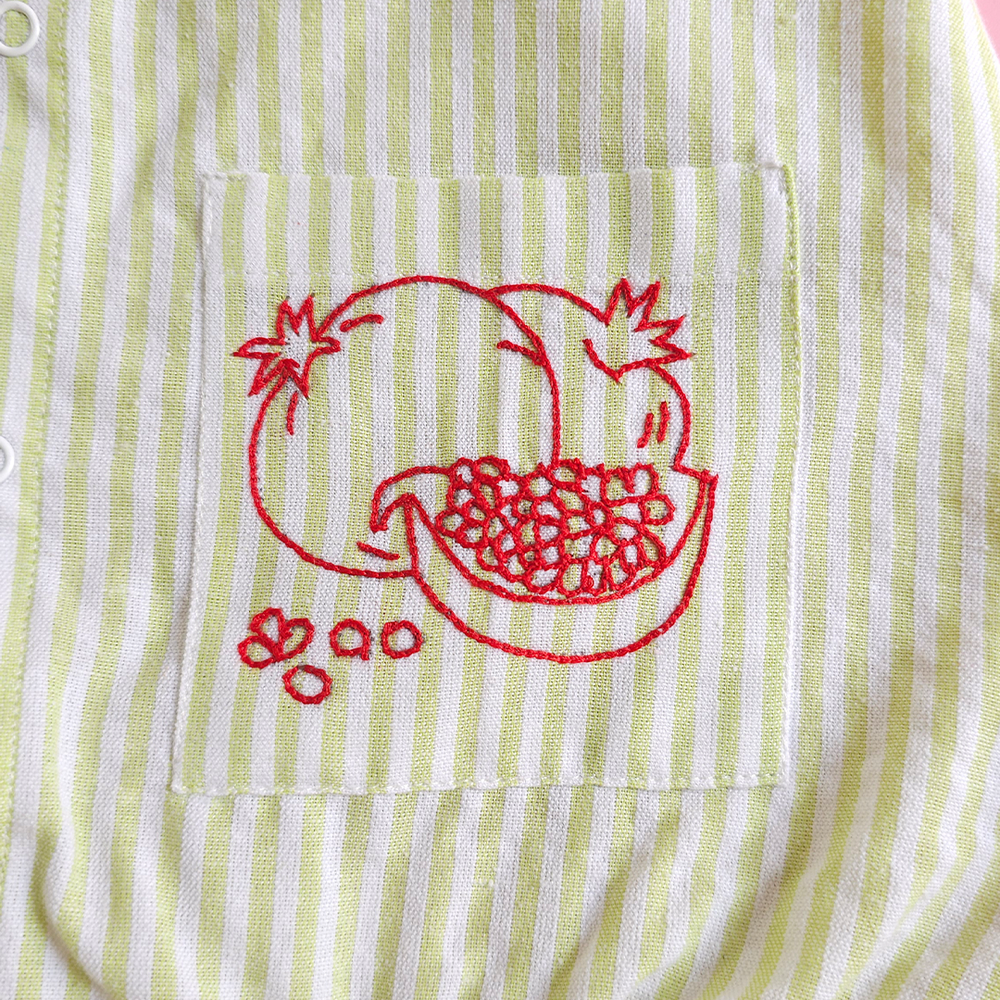 Baby Boy Embroidered Green and White Romper with Pockets - Pomegranates