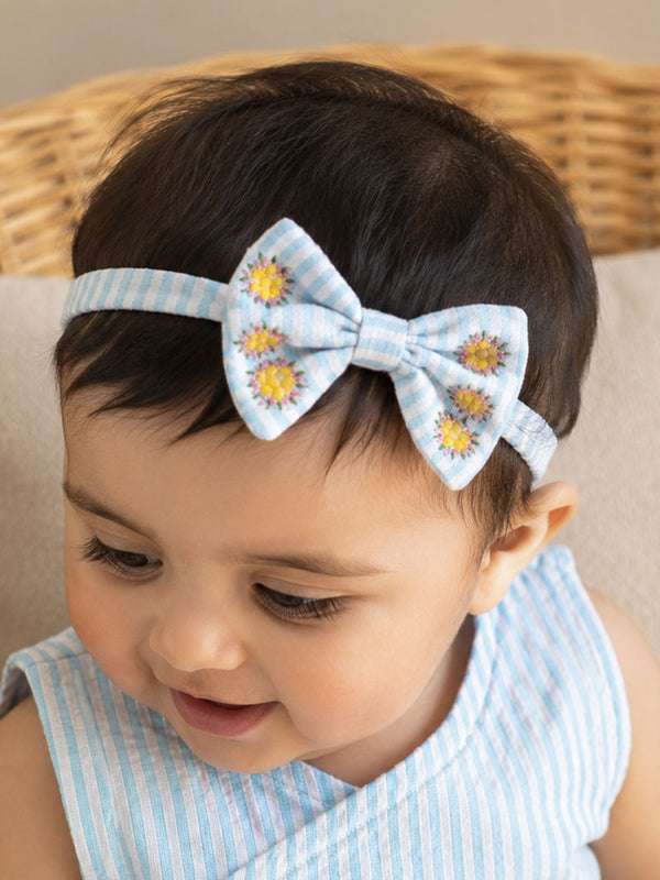 Girls Embroidered Light Blue and White Classic Bow Headband - Pink Flowers
