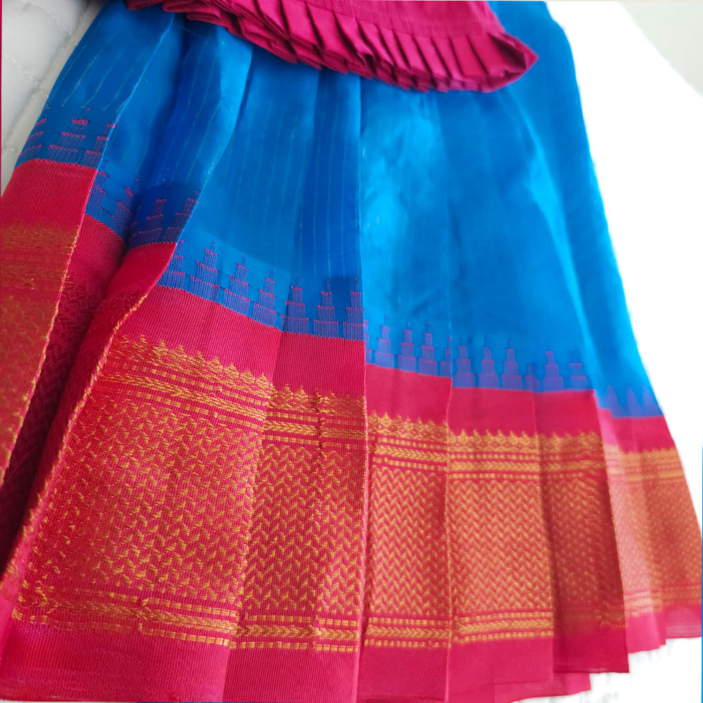 Girls Handloom Raw Silk Embroidered Pink and Royal Blue Choli Lehenga Set - Butterfly