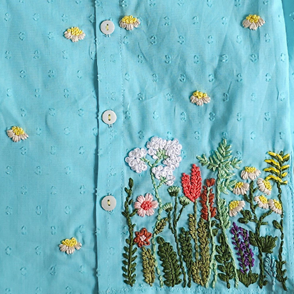 Boys Hand Embroidered Turquoise Blue Kurta paired with Patiala Pants - Flower Garden