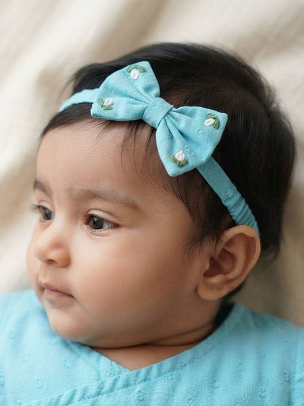 Girls Embroidered Turquoise Blue Classic Bow Headband - White Flowers