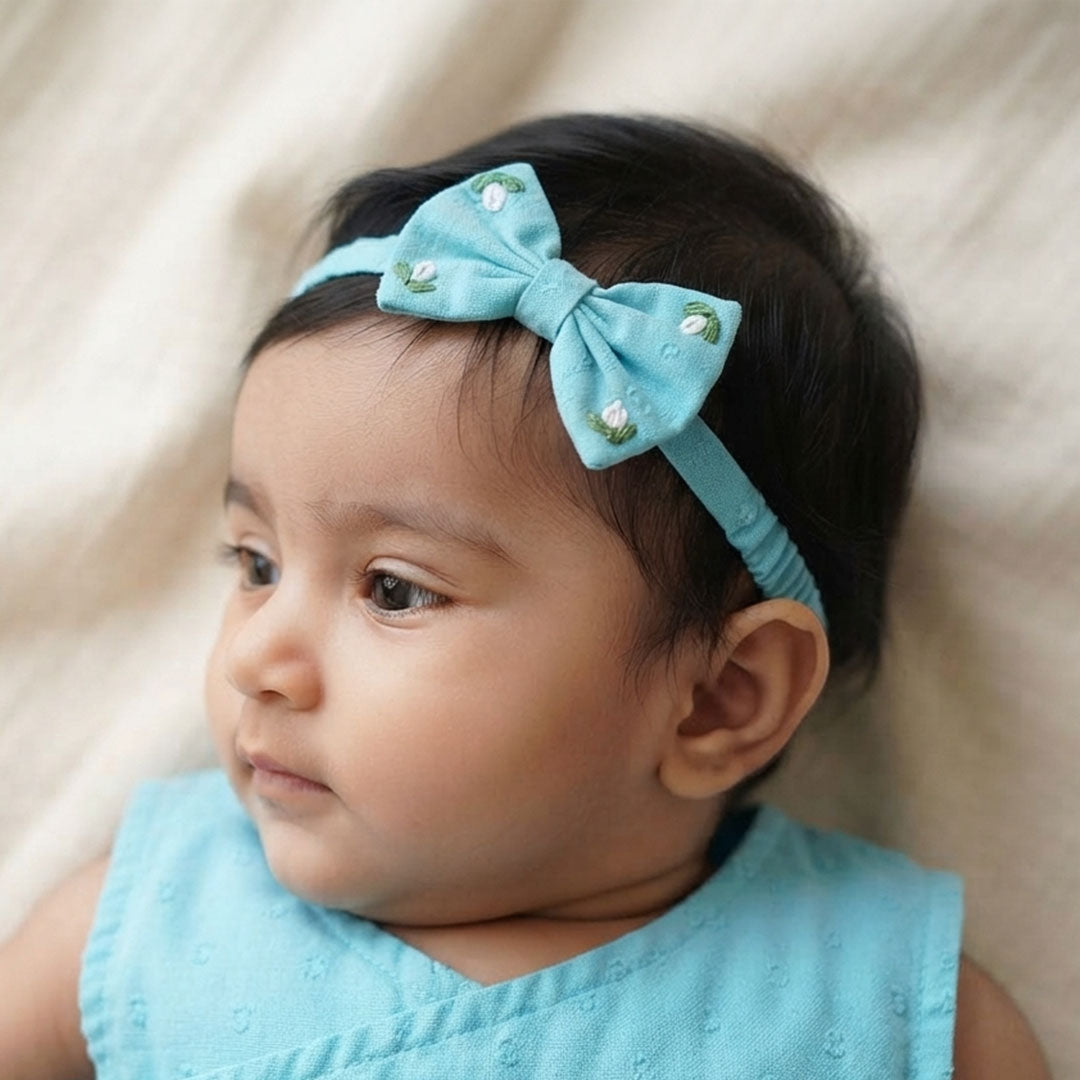 Girls Embroidered Turquoise Blue Classic Bow Headband - White Flowers