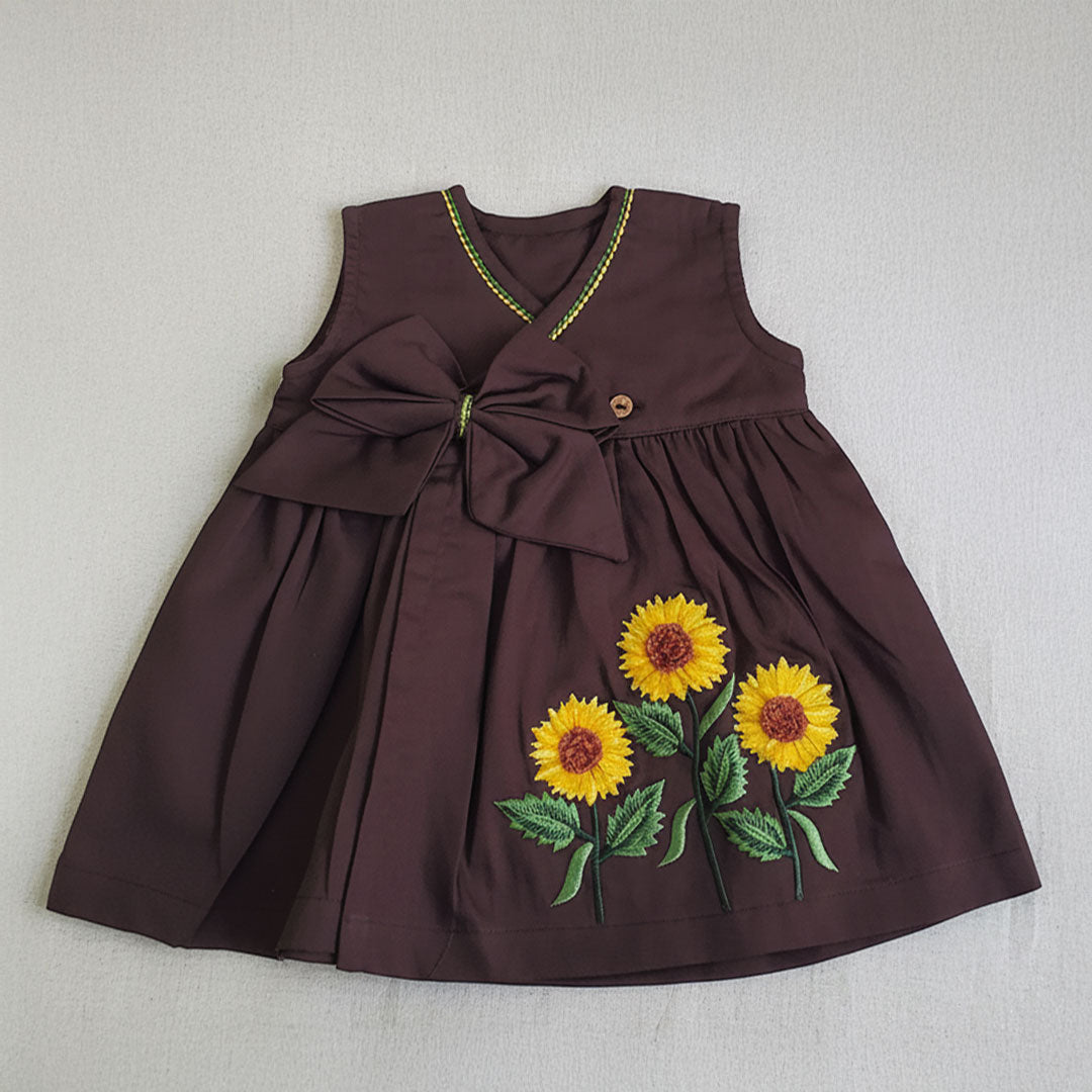 Keebee Organic Cotton Baby Girl Embroidered Choco Brown Overlap Dress and Accessories Set - Sunflower Garden