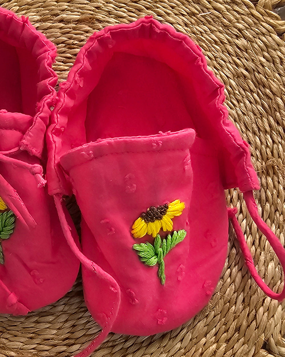 Baby Girl Embroidered Hot Pink Tie-Up Style Baby Booties – Sunflower