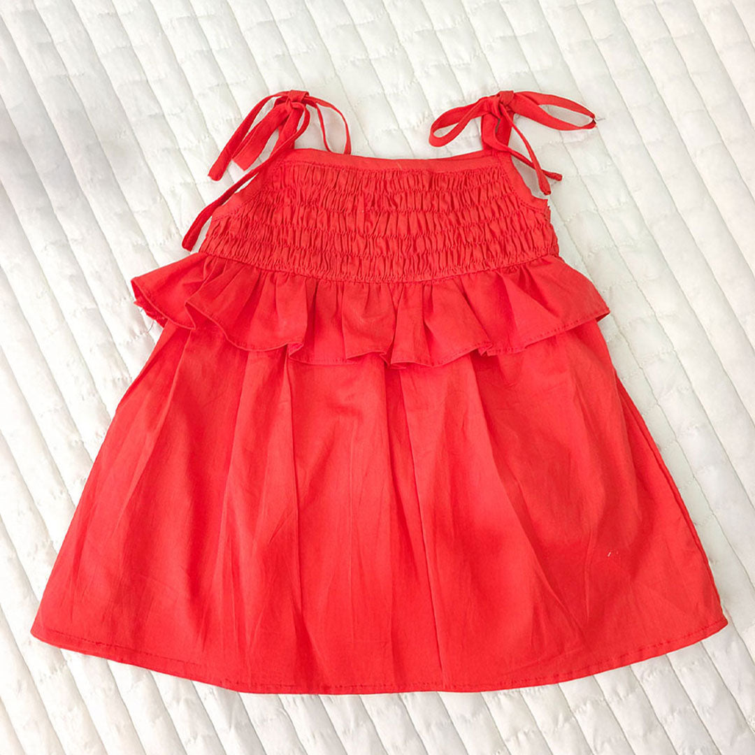 Keebee Organic Cotton Smocked Baby Girl Red Shoulder Knot Smocked Dress