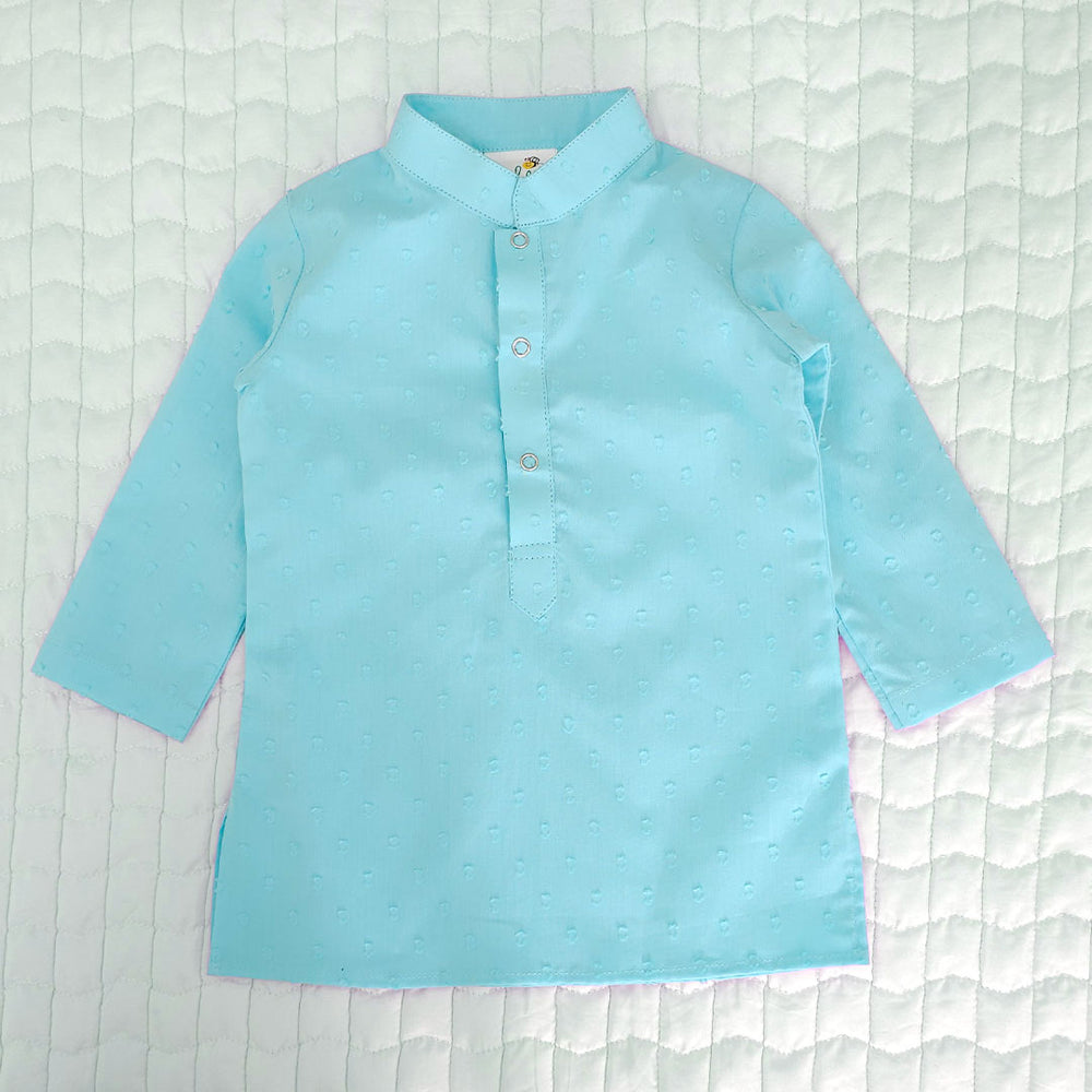 Boys Floral Embroidered Jacket Kurta and White Pajama Pants Set - Turquoise Blue