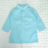 Boys Floral Embroidered Jacket Kurta and White Pajama Pants Set - Turquoise Blue
