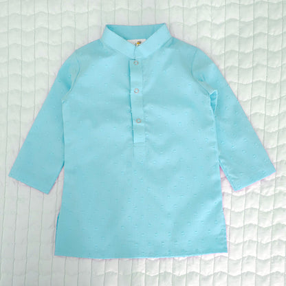 Floral Embroidered Jacket Kurta and White Pajama Pants Set - Turquoise Blue