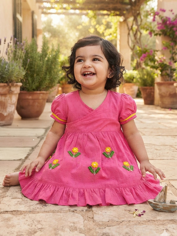 Baby Girl Embroidered Hot Pink Wrap Dress - Yellow Bloom