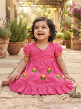 Baby Girl Embroidered Hot Pink Wrap Dress - Yellow Bloom