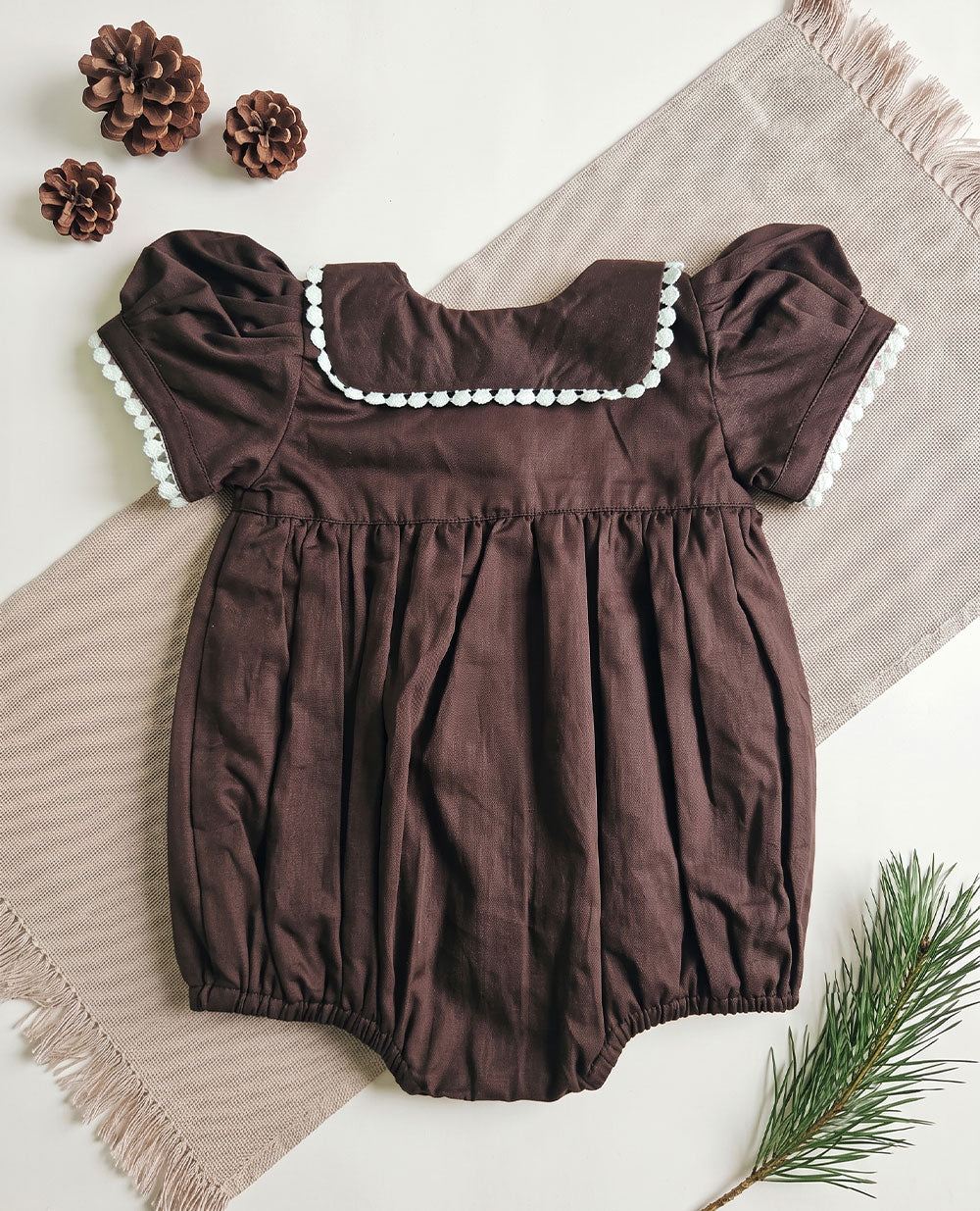 Baby Girl Embroidered Choco Brown Romper with Puffed Sleeves - Pine Trees
