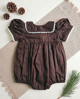 Baby Girl Embroidered Choco Brown Romper with Puffed Sleeves - Pine Trees