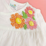 Embroidered White Puff Sleeve Wrap Dress - Flowers