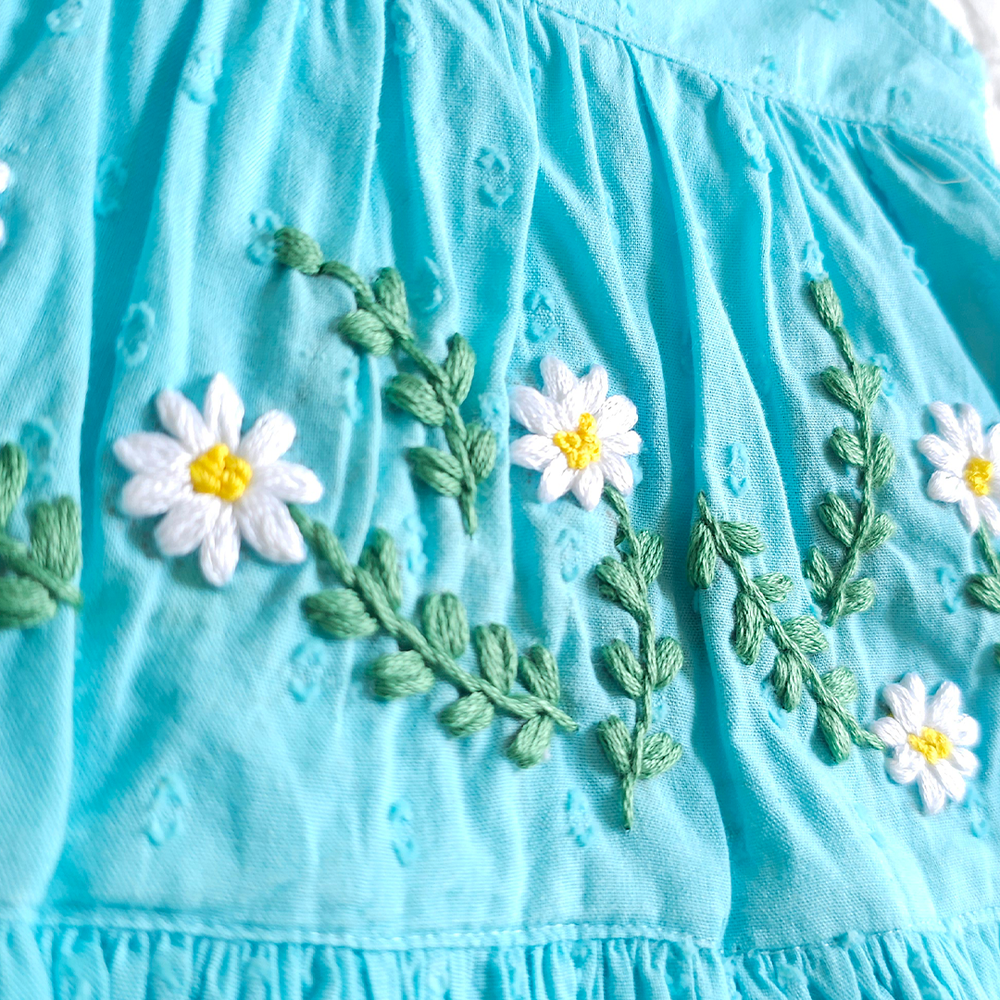 Newborn Baby Girl Embroidered Turquoise Blue Wrap Dress - White Flowers