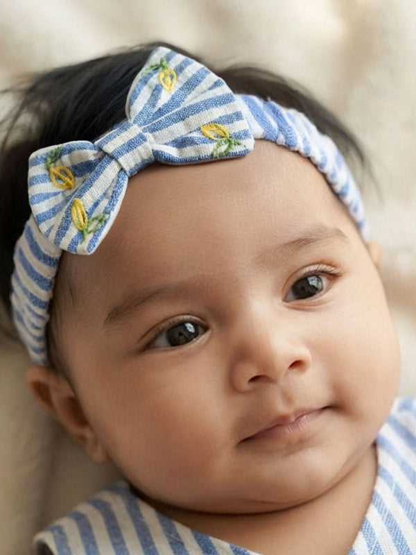 Girls Embroidered Blue and White Classic Bow Headband - Lemons and Leaves