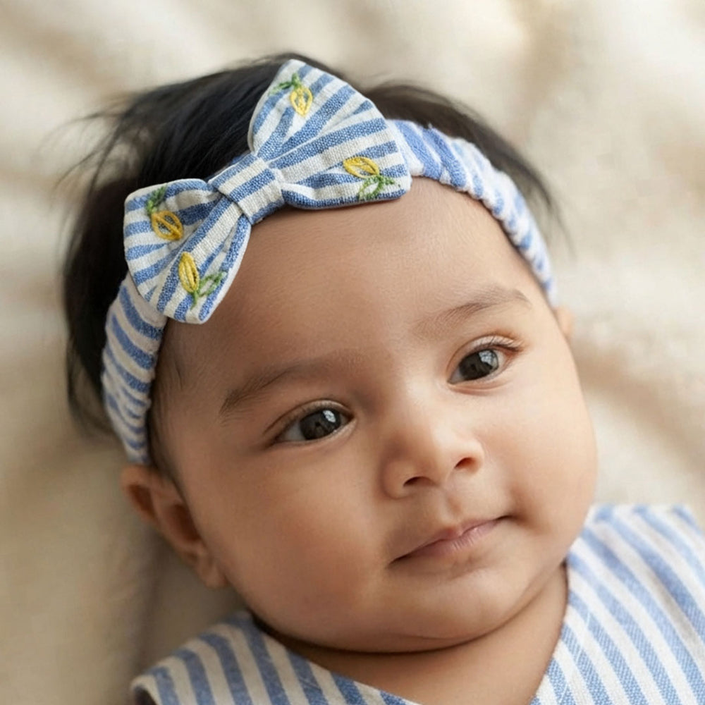 Girls Embroidered Blue and White Classic Bow Headband - Lemons and Leaves
