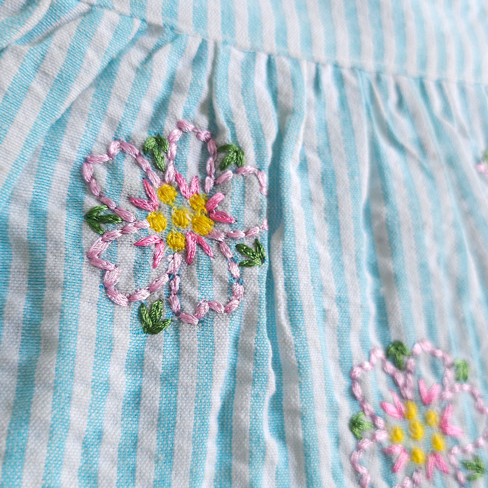 Newborn Baby Girl Embroidered Light Blue and White Wrap Dress - Pink Flowers