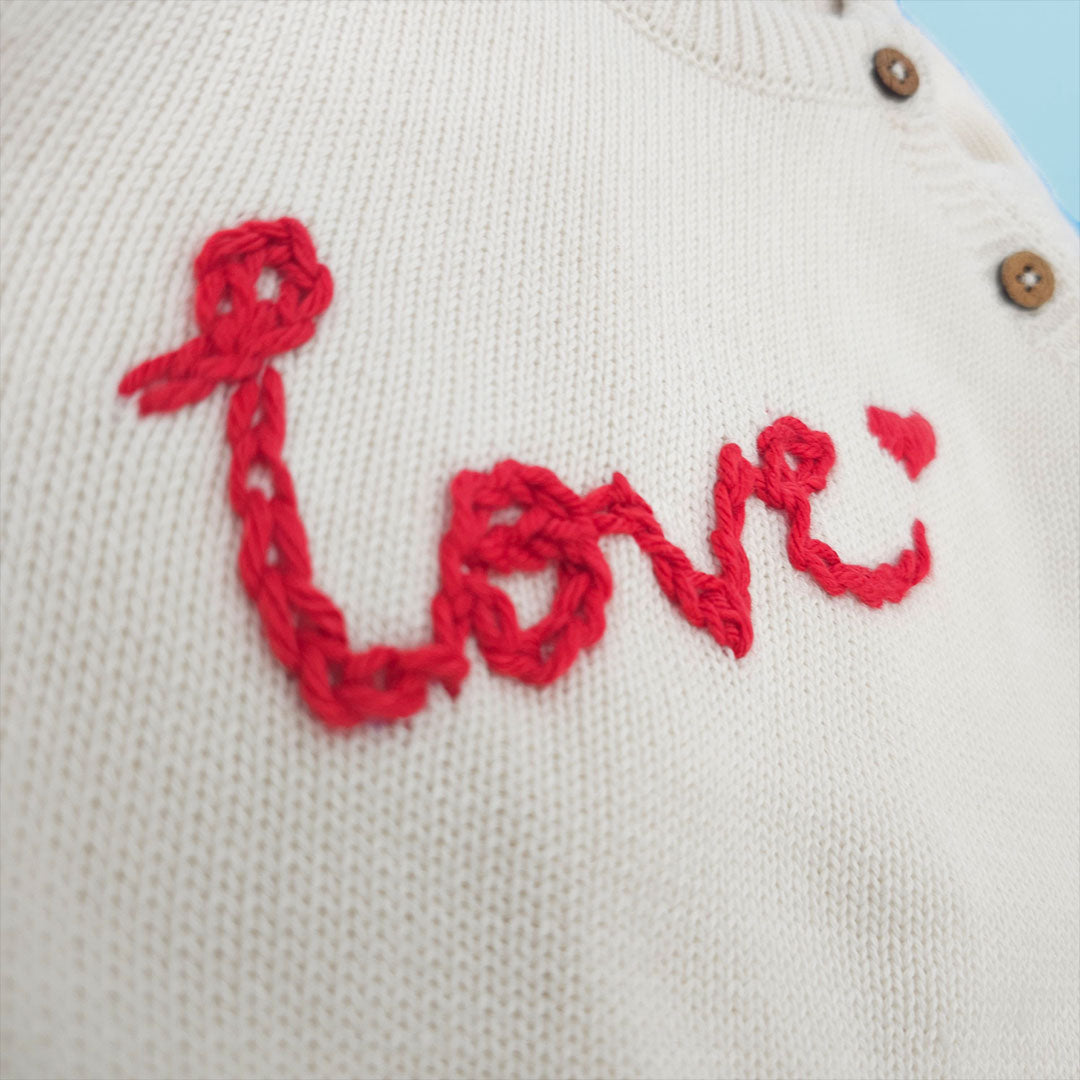 Keebee Organic Cotton Embroidered White Sweater - Love